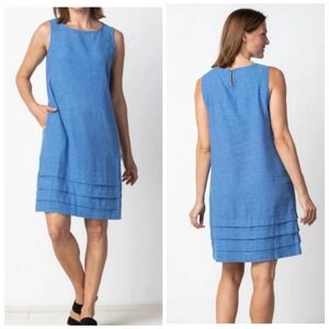 Habitat Blue Linen Cotton Blend Shift Dress Size M Tiered Hem Coastal Cape Cod